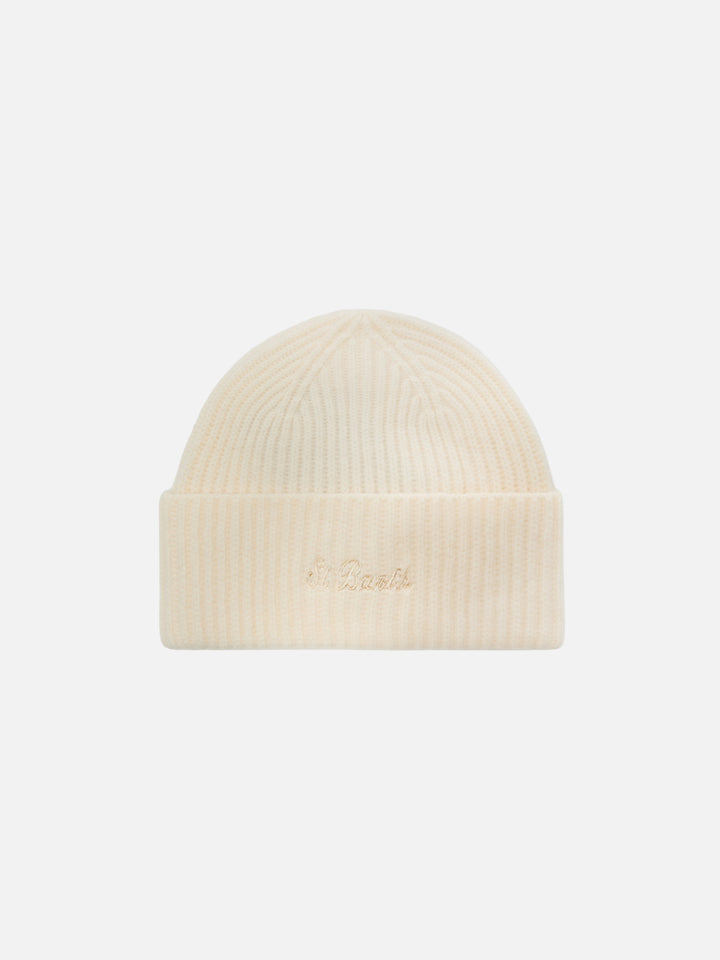 Moss Beanie in white 100% WOOL with St. Barth embroidery