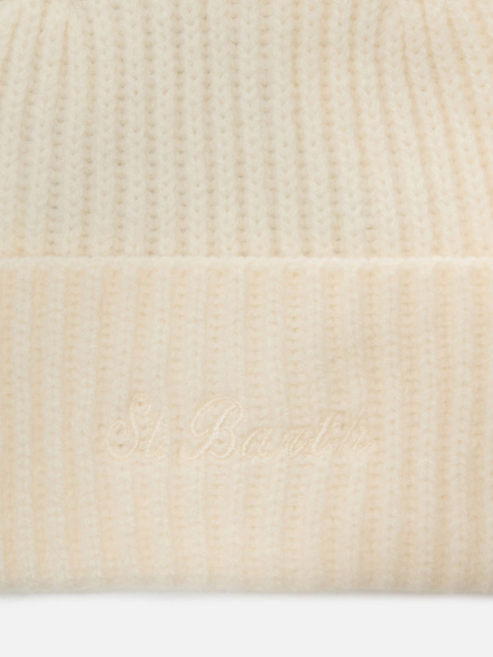 Moss Beanie in white 100% WOOL with St. Barth embroidery