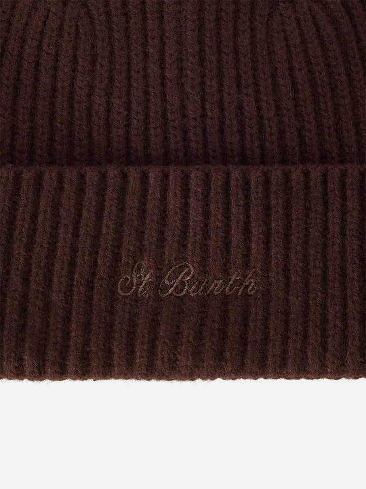 Brown Moss wool beanie with logo embroidery