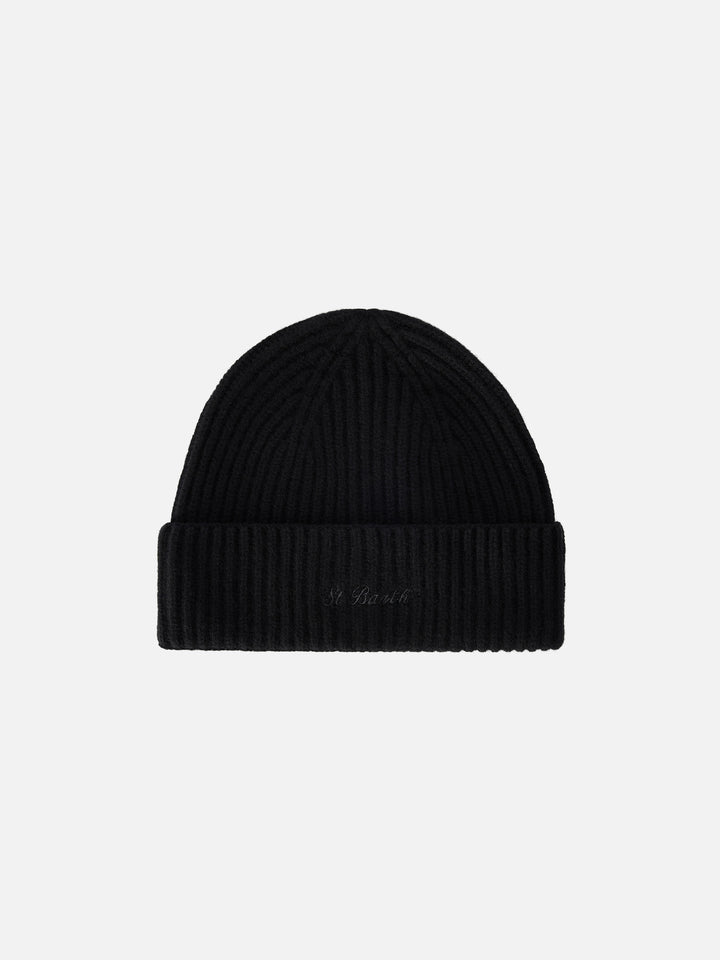Black Moss wool beanie with logo embroidery