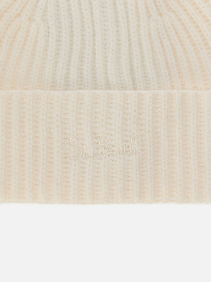 Moss Jr Beanie in white ribbed knit with St. Barth embroidery