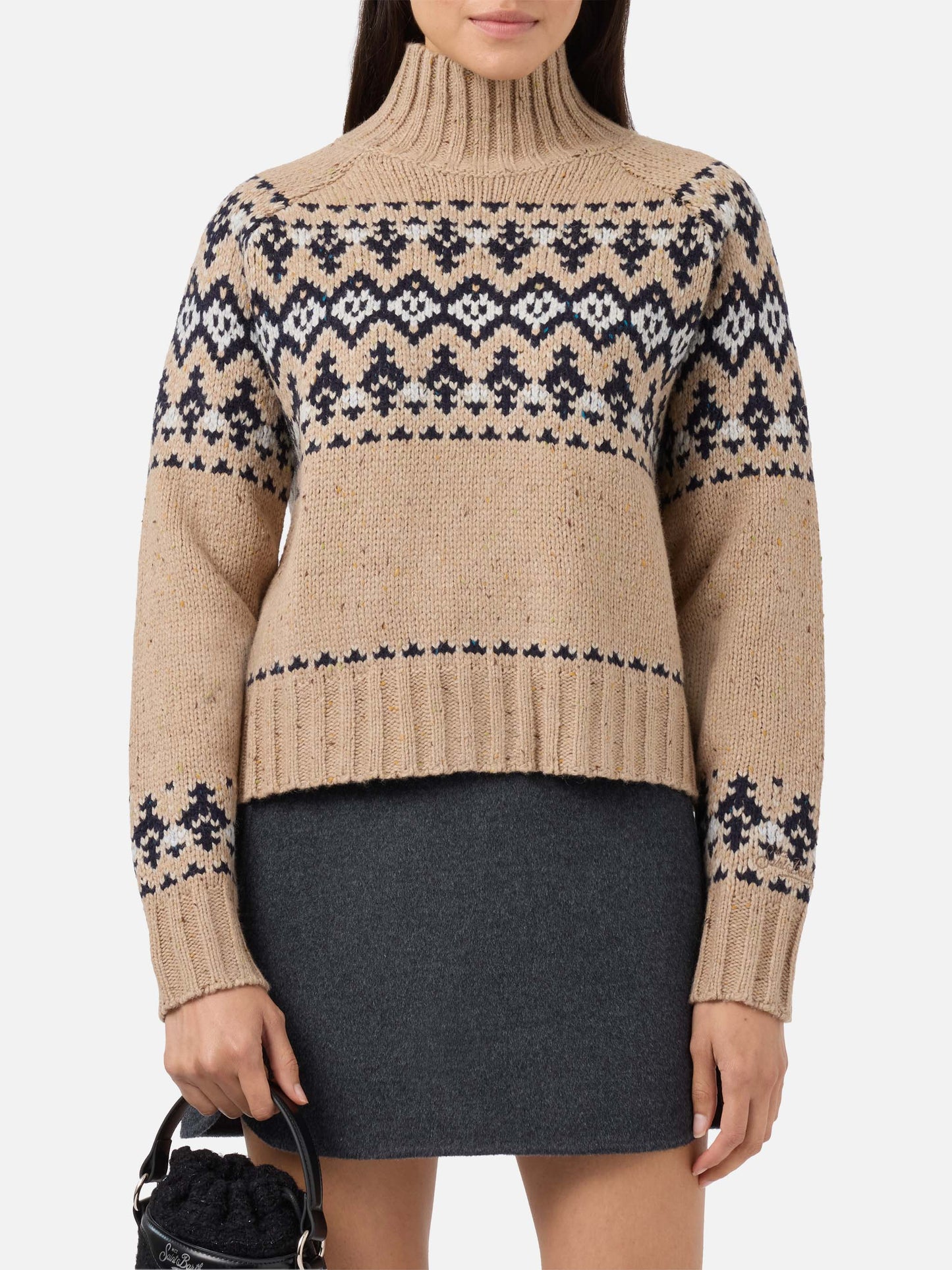 Beige Myra Donegal wool blend sweater with Fair Isle jacquard