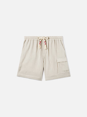 Marseille bermuda shorts in crinkled pure cotton gauze soft beige