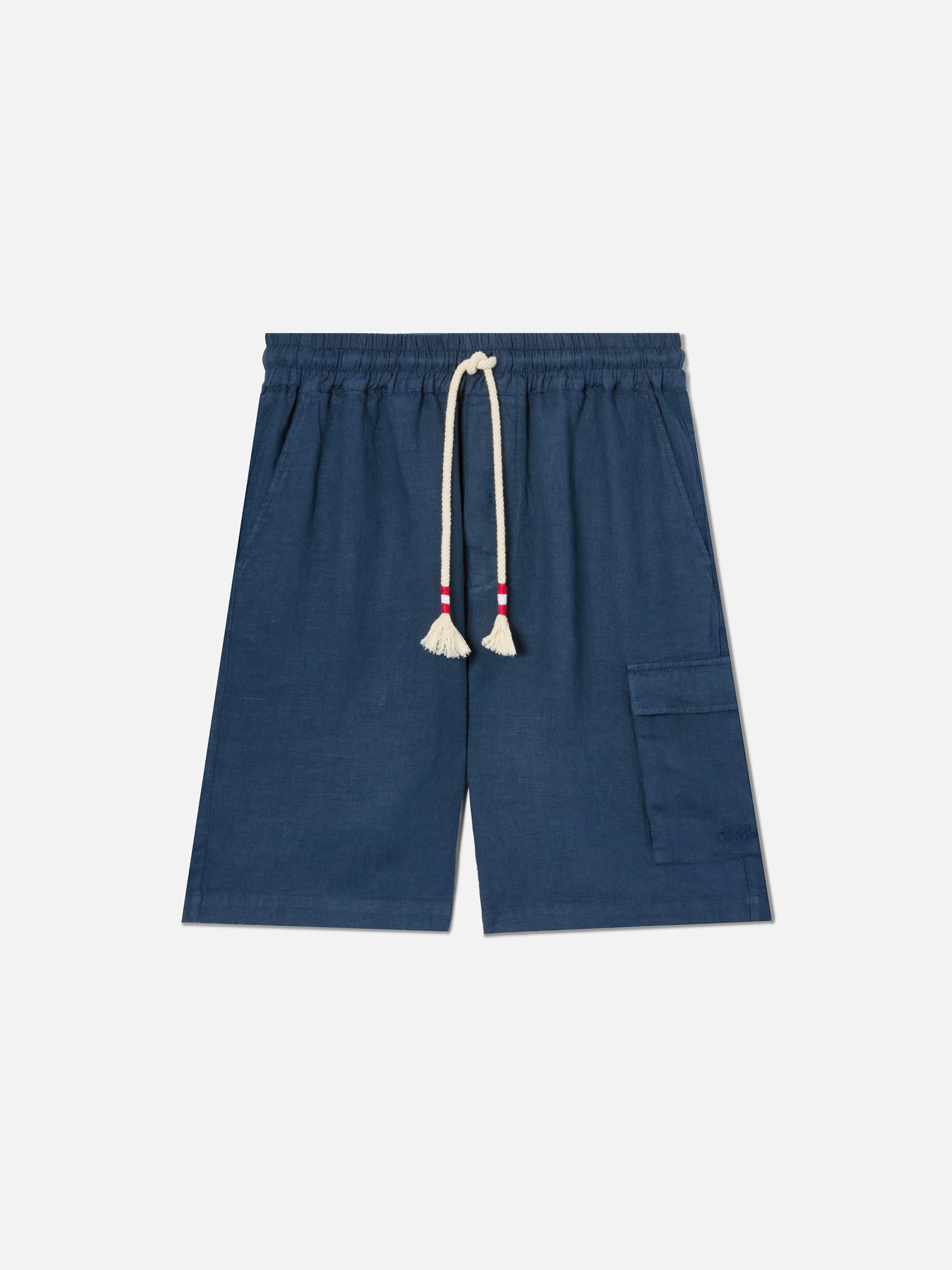 Men's Linen Bermuda Shorts in Navy Blue, Elasticated Waistband