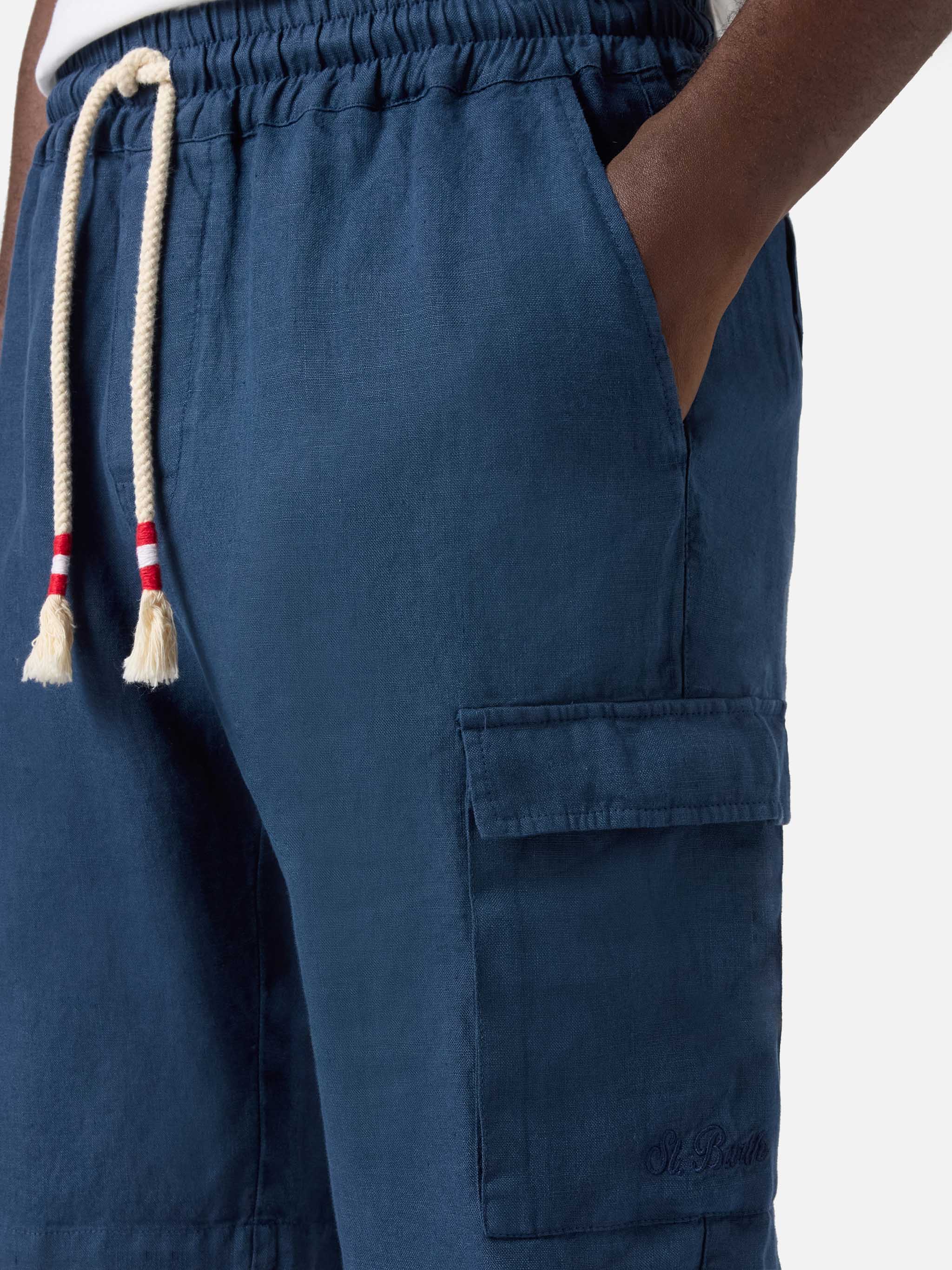 Men's Linen Bermuda Shorts in Navy Blue, Elasticated Waistband
