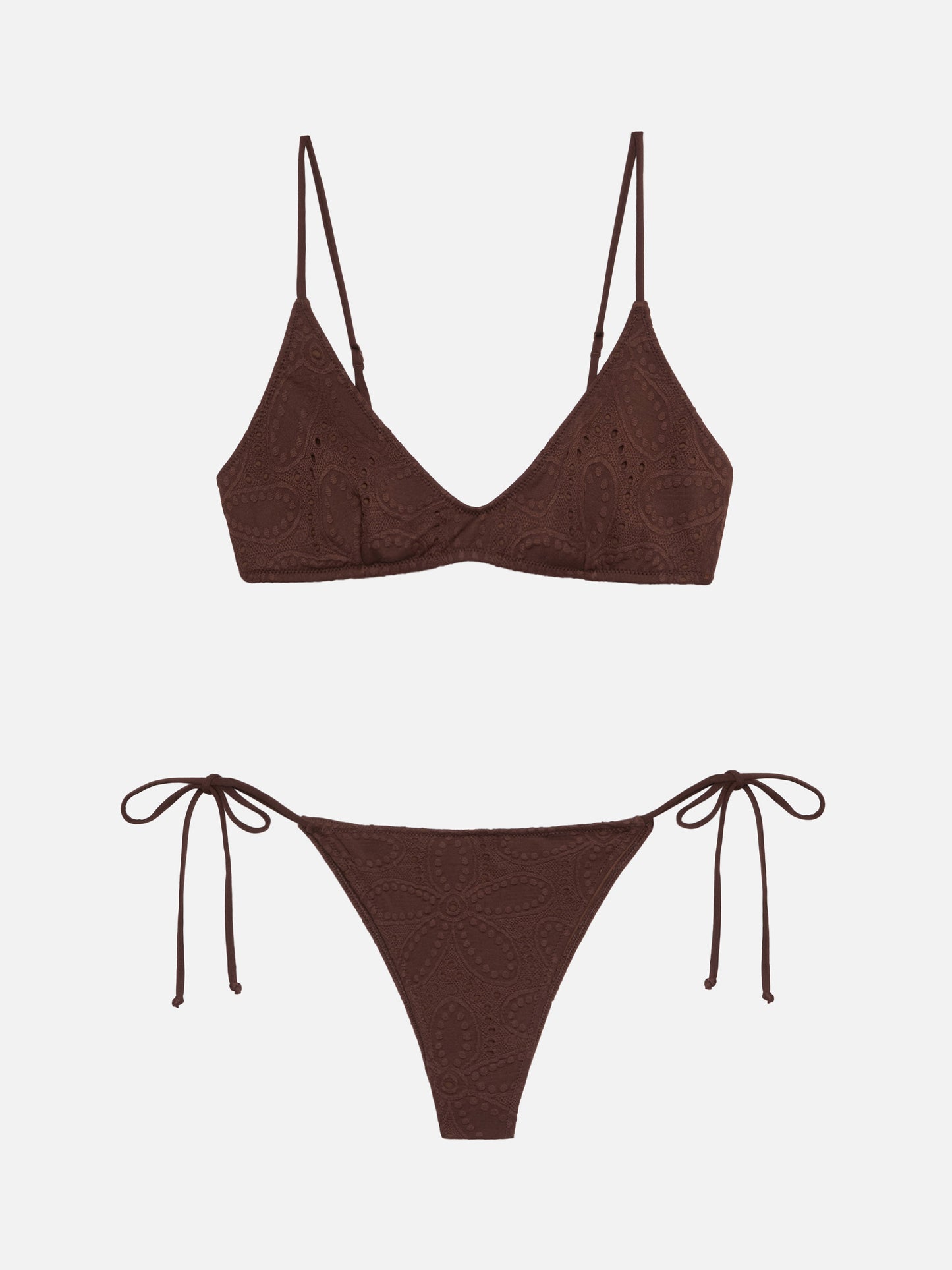 Bralette scollata in Sangallo bianco Paloma - Marielle slip mare classico in pizzo Sangallo marrone