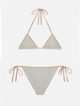 Marielle silver lurex classic swim briefs with gold piping - Leah silver lurex triangle top with gold piping