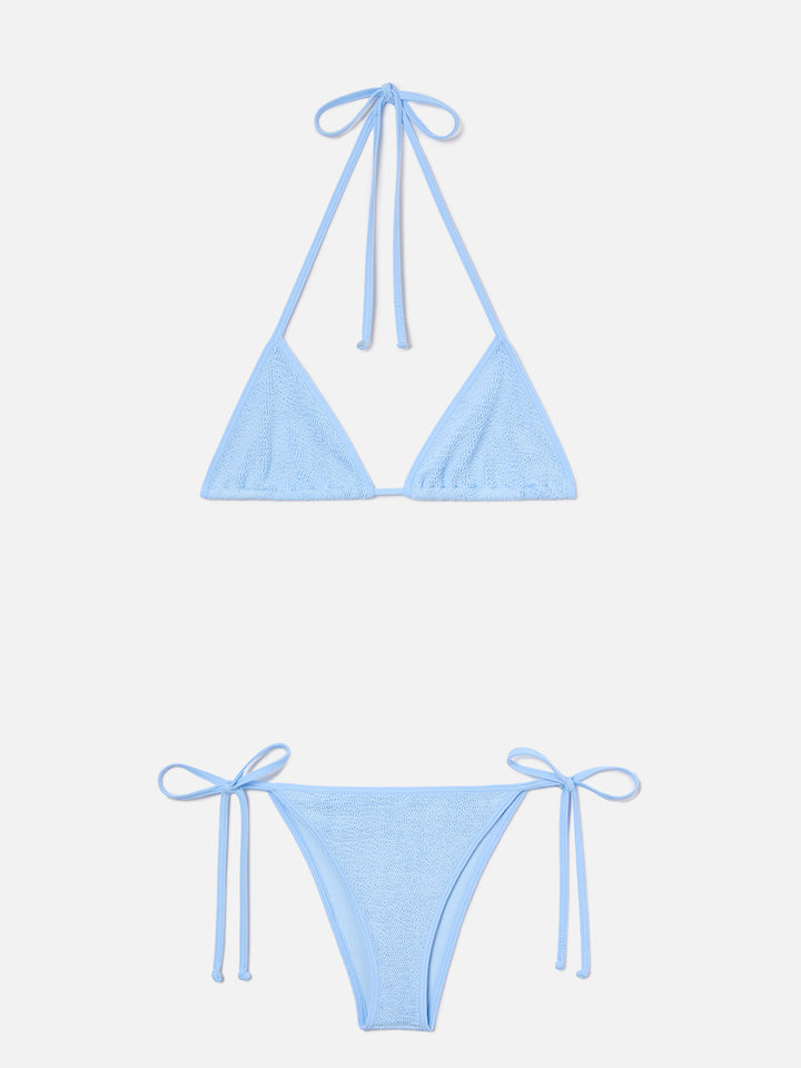 Slip mare Marielle String modello brasiliana in tessuto crinkle azzurro