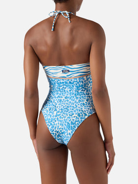 Maillot de bain une pièce Meryem à imprimé animalier léopard bleu clair 