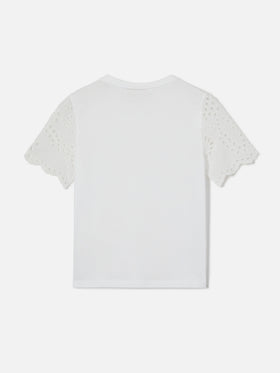Maisa Jr T-shirt in white organic cotton with broderie sleeves