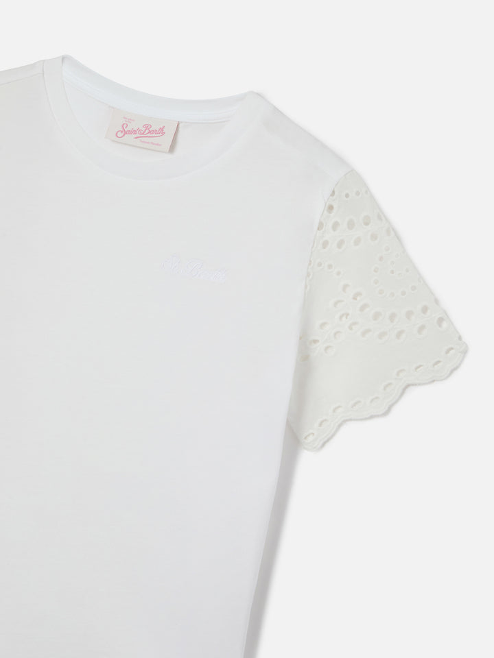 Maisa Jr T-shirt in white organic cotton with broderie sleeves