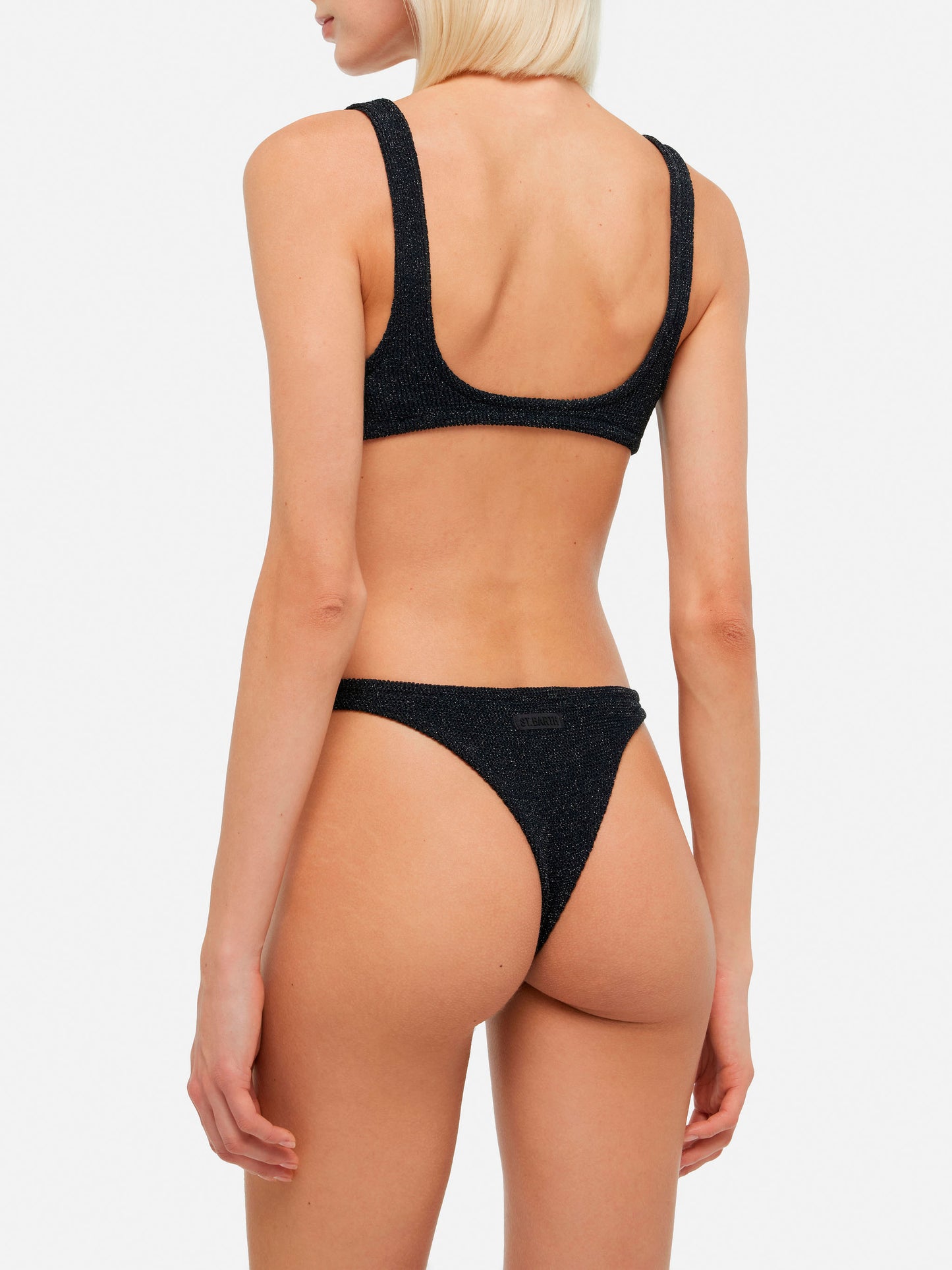 Klassische schwarze Badehose aus Crinkle-Lurex „Elise“ – klassisches schwarzes Bralette-Oberteil aus Crinkle-Lurex „Naima“