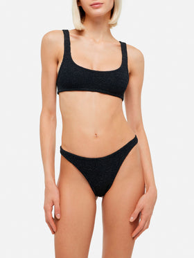 Klassische schwarze Badehose aus Crinkle-Lurex „Elise“ – klassisches schwarzes Bralette-Oberteil aus Crinkle-Lurex „Naima“