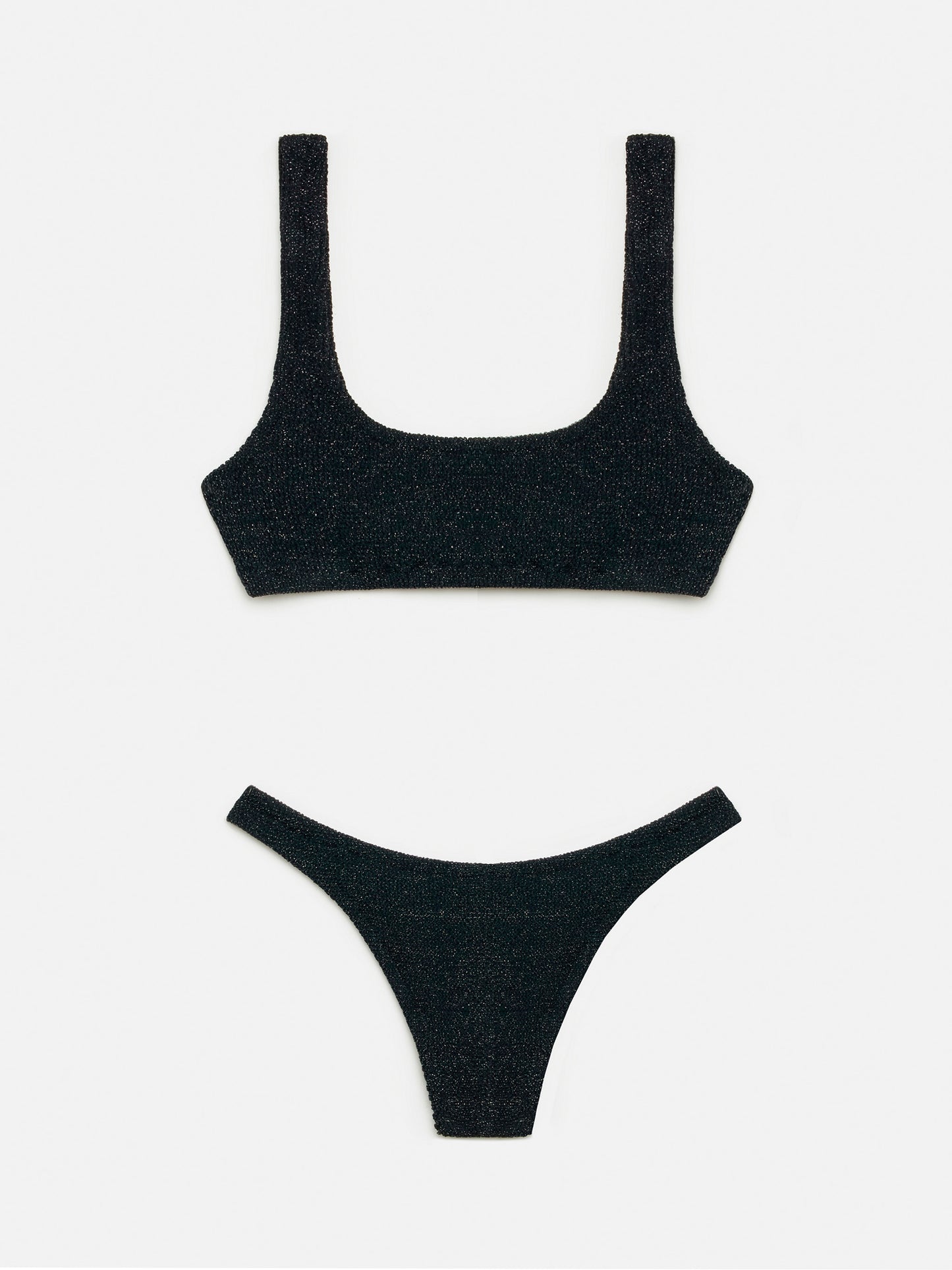 Klassische schwarze Badehose aus Crinkle-Lurex „Elise“ – klassisches schwarzes Bralette-Oberteil aus Crinkle-Lurex „Naima“