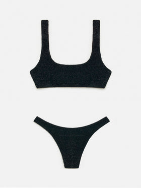 Klassische schwarze Badehose aus Crinkle-Lurex „Elise“ – klassisches schwarzes Bralette-Oberteil aus Crinkle-Lurex „Naima“