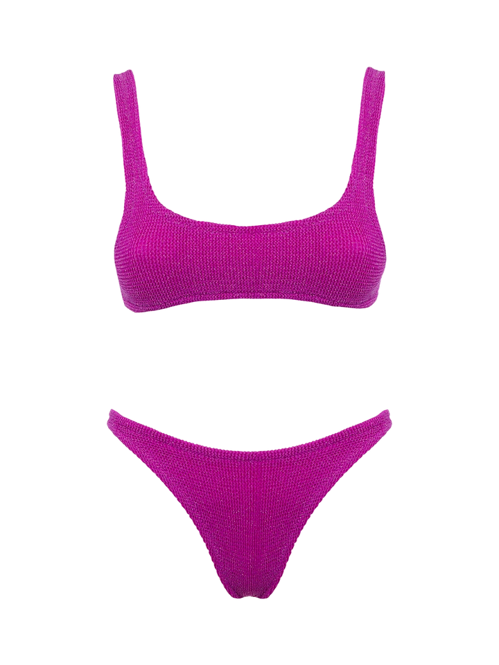Bikini da donna classico a bralette crinkle fucsia con filato di lurex