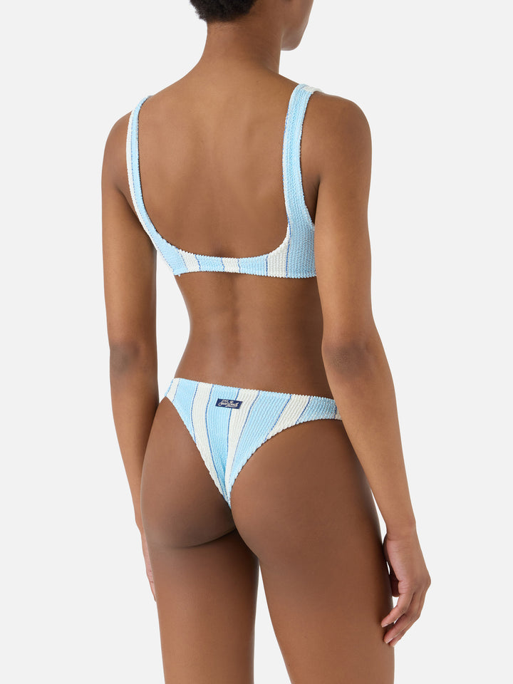 Naomi brazilian bikini bottoms in light blue and white striped crinkle fabric