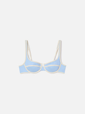 Amira String balconette bikini top in light blue with white trims