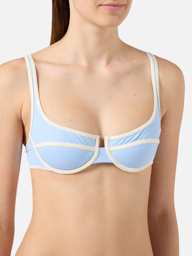 Amira String balconette bikini top in light blue with white trims