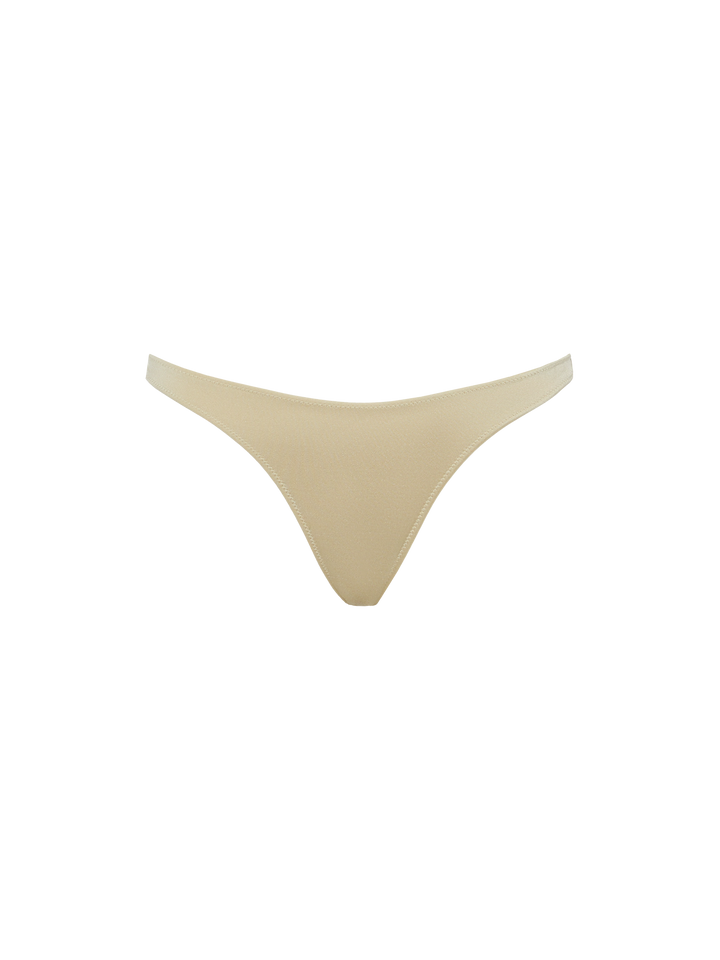 Celestine Naomi shimmer gold bikini with one-shoulder bralette top and cheeky briefs
