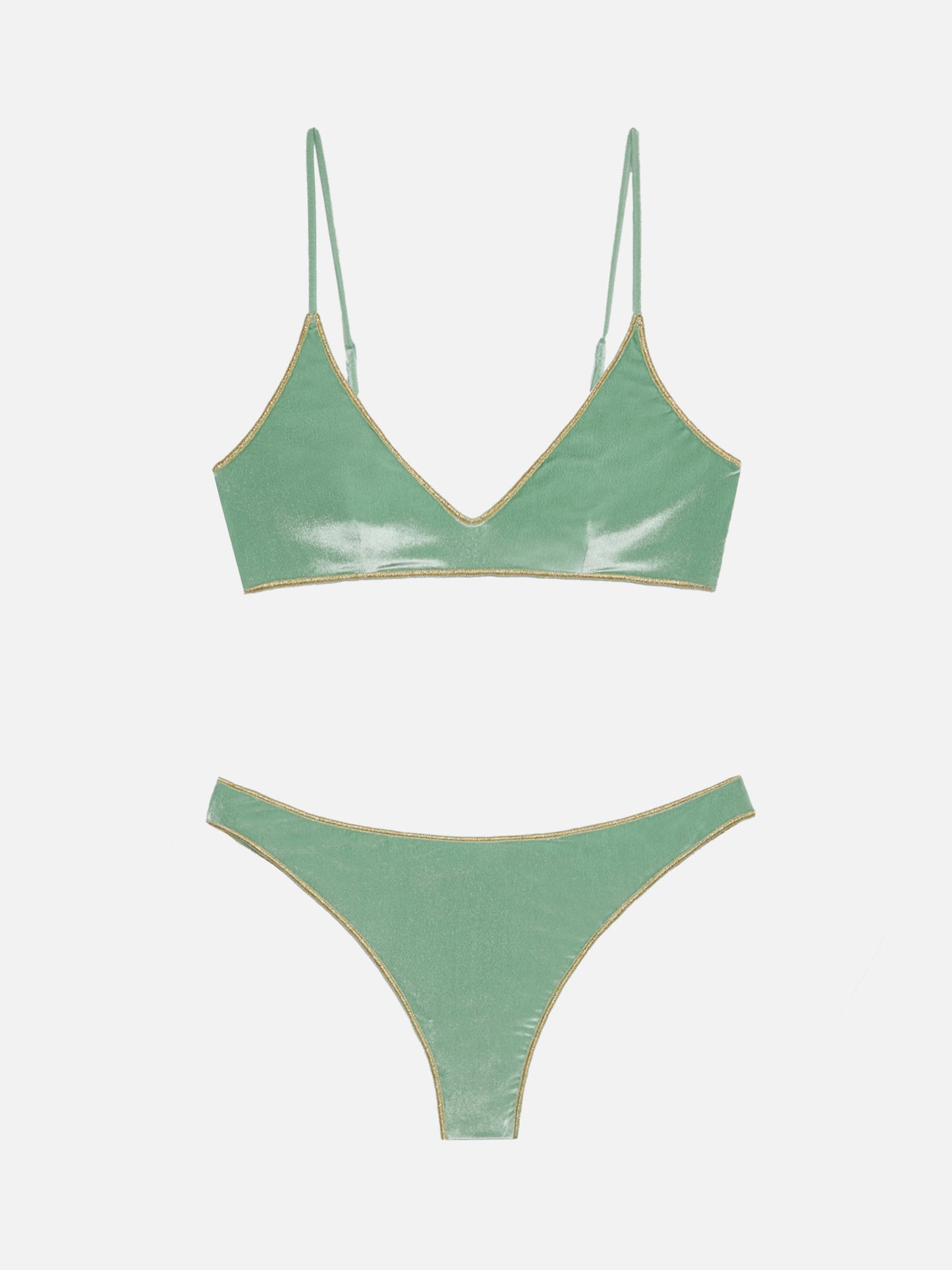 Naomi, frecher Badeslip aus Salbeigrün mit goldener Paspelierung – Paloma, Salbeigrüner Samt-U-Bralette