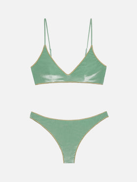 Naomi, frecher Badeslip aus Salbeigrün mit goldener Paspelierung – Paloma, Salbeigrüner Samt-U-Bralette