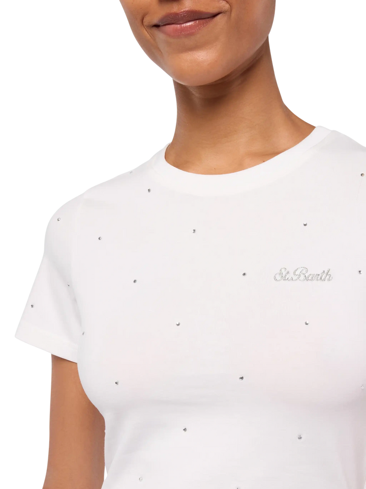 White cotton Nives T-shirt with all-over rhinestones