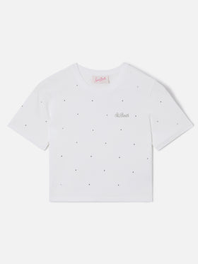 White cotton Nives T-shirt with all-over rhinestones