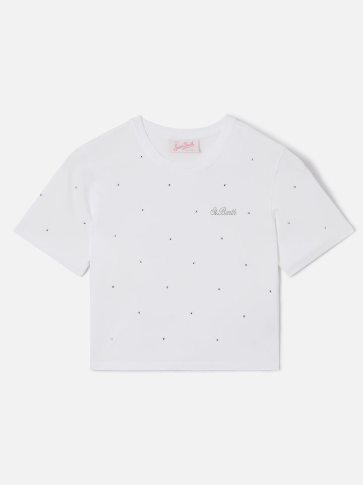 White cotton Nives T-shirt with all-over rhinestones