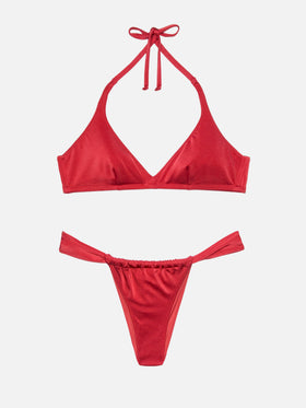 Noelle shimmer brick red cheekiest swim briefs - Gaia shimmer brick red triangle bralette top
