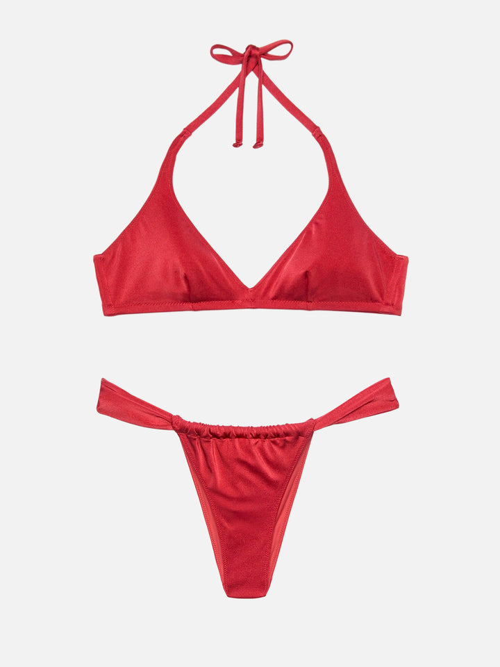 Noelle, schimmernde, ziegelrote, freche Badehose – Gaia, schimmerndes, ziegelrotes Triangel-Bralette-Oberteil