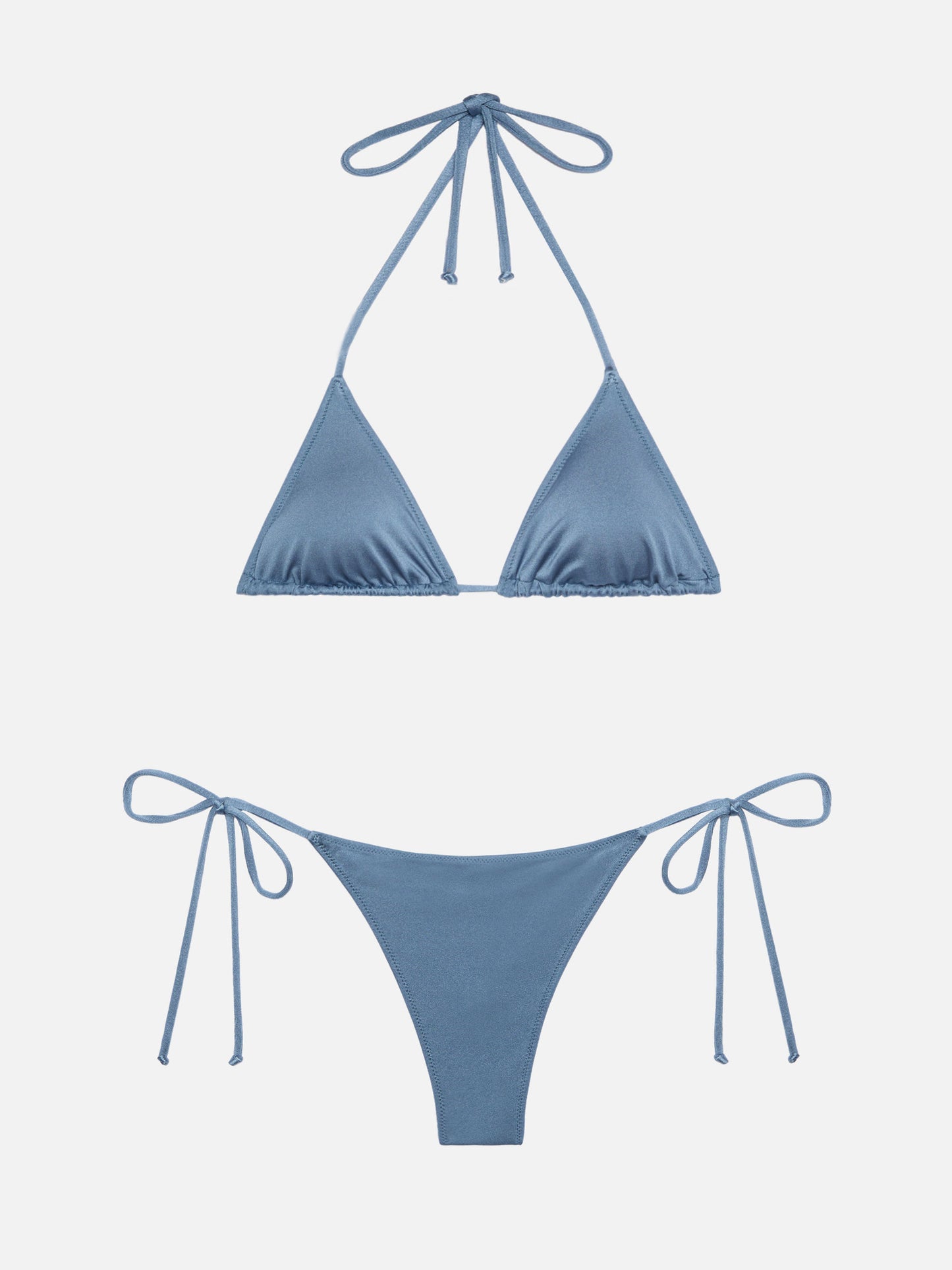 Norah – Schimmernde, avioblaue, freche Badehose – Leah – Schimmernder, avioblauer Badeanzug mit Triangel-Oberteil