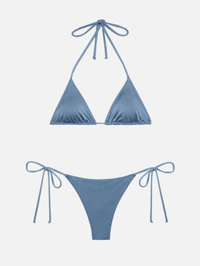 Norah – Schimmernde, avioblaue, freche Badehose – Leah – Schimmernder, avioblauer Badeanzug mit Triangel-Oberteil