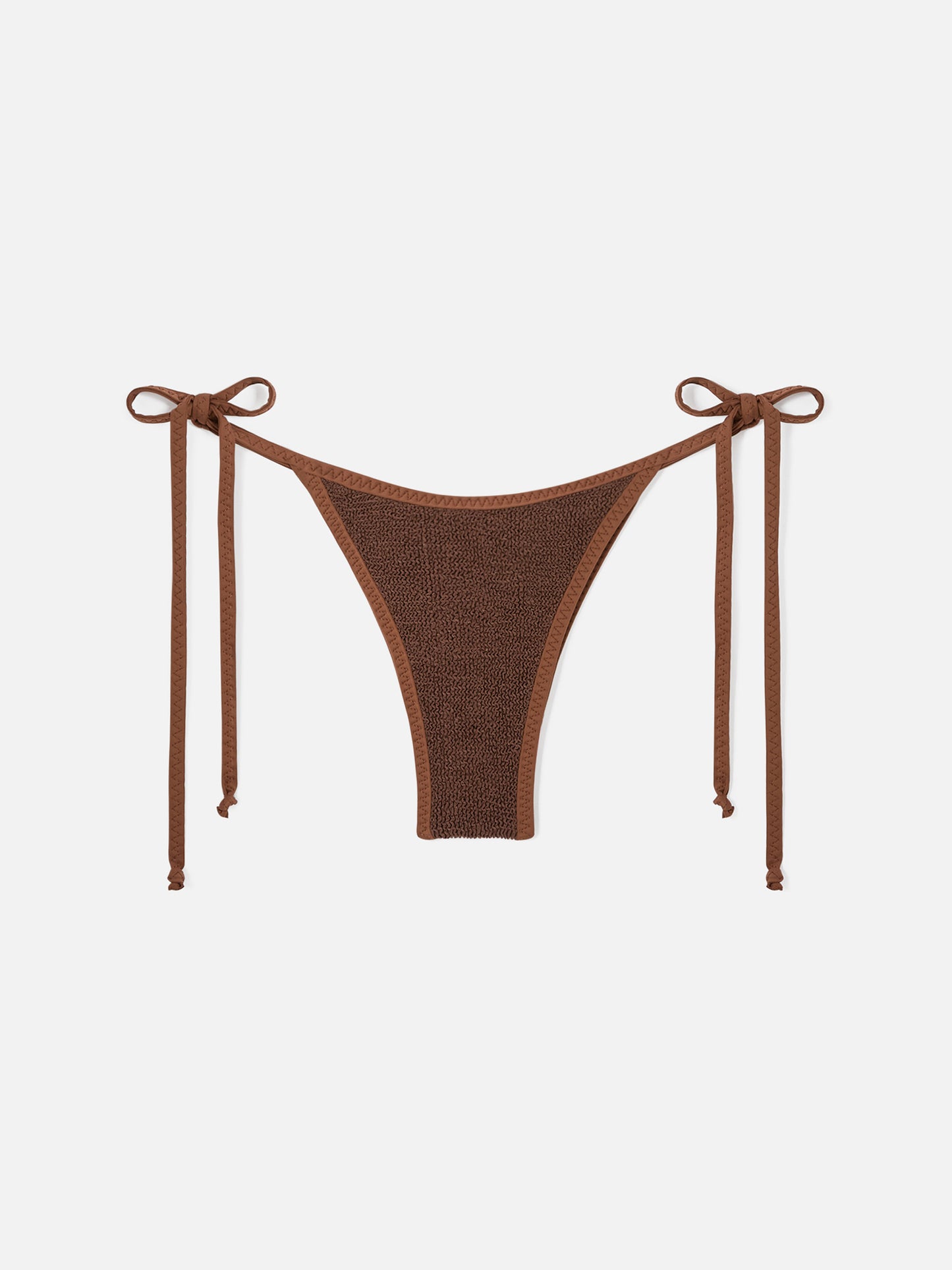 Bas de bikini Norah marron à liens, coupe cheeky, en tissu crinkle 