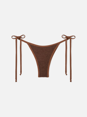 Bas de bikini Norah marron à liens, coupe cheeky, en tissu crinkle 