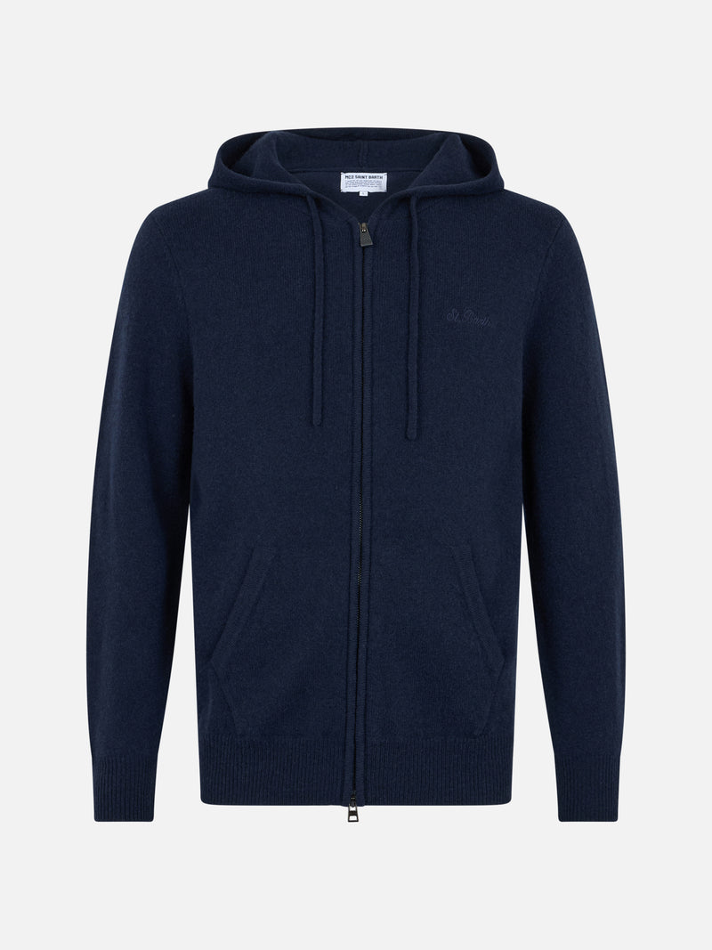 Man navy blue lambswool hooded sweater Notting