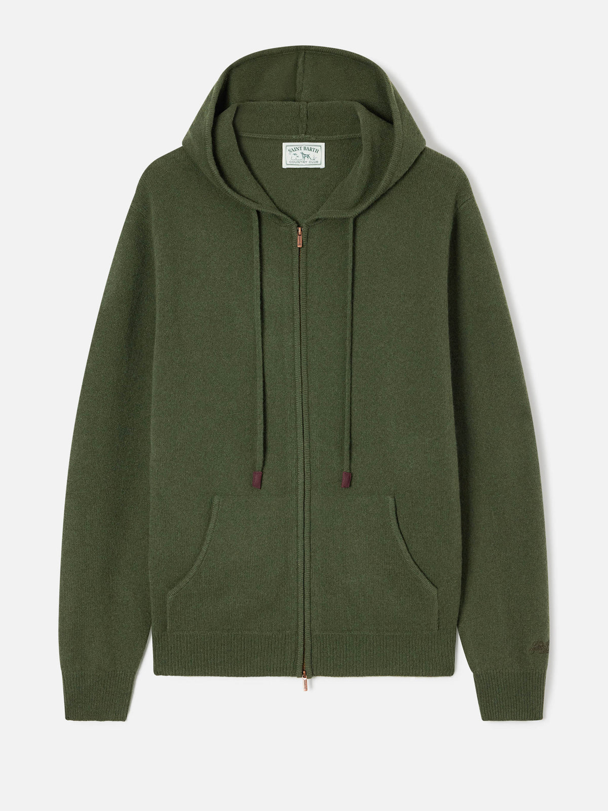 Knit à capuche en laine d'agneau Notting vert militaire avec fermeture zippée intégrale 