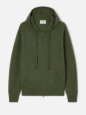 Knit à capuche en laine d'agneau Notting vert militaire avec fermeture zippée intégrale 