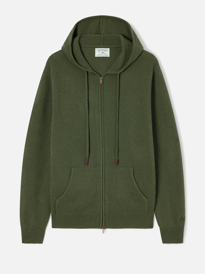 Military green Notting lambswool hooded knit with full zip