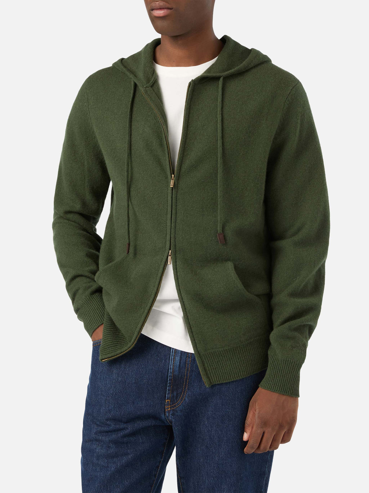 Knit à capuche en laine d'agneau Notting vert militaire avec fermeture zippée intégrale 