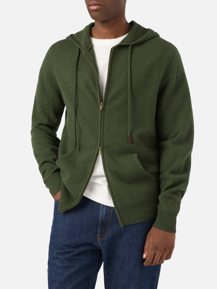 Military green Notting lambswool hooded knit with full zip