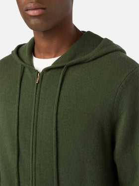 Knit à capuche en laine d'agneau Notting vert militaire avec fermeture zippée intégrale 