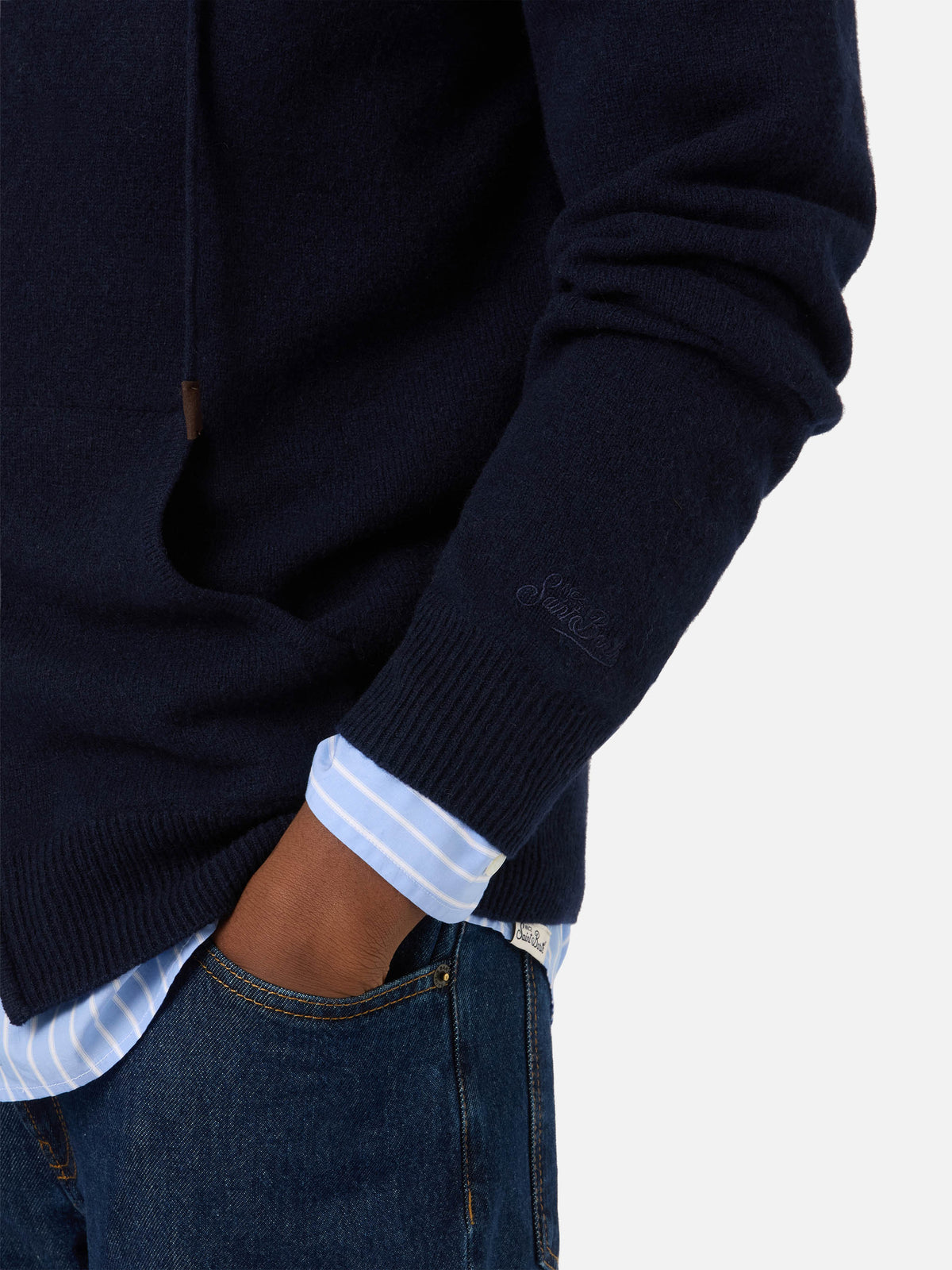 Punto con capucha de lana de cordero Notting Navy blue con cremallera completa 