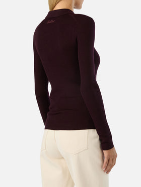 Punto con cuello polo Aubergine Odell en lana merino 