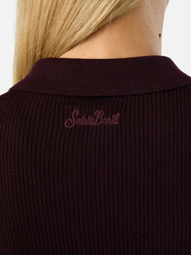 Punto con cuello polo Aubergine Odell en lana merino 