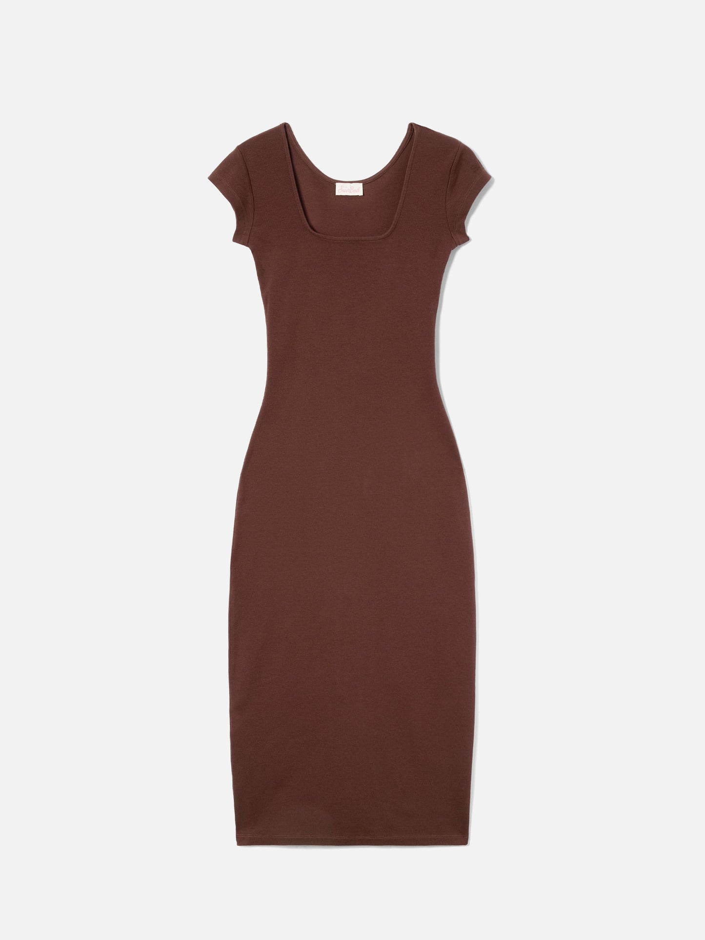Long Olimpia dress in brown ribbed stretch cotton fabric
