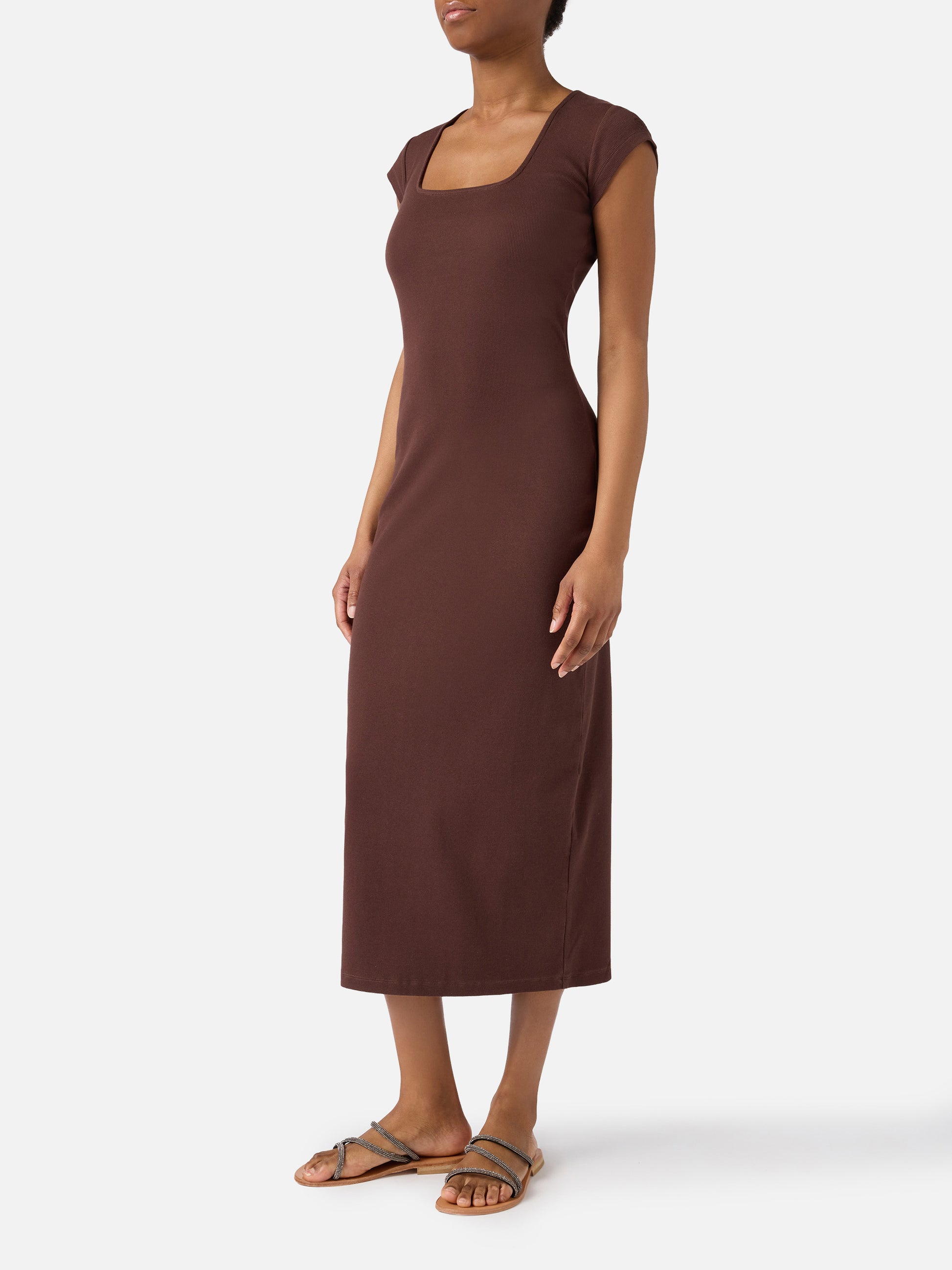 brown cotton dress Long Olimpia dress in brown ribbed stretch cotton fabric
