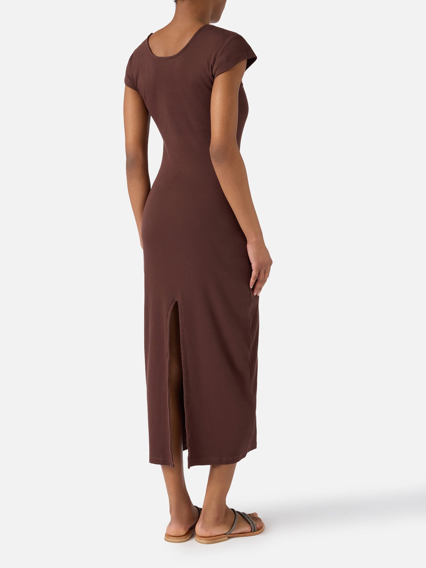 Long Olimpia dress in brown ribbed stretch cotton fabric