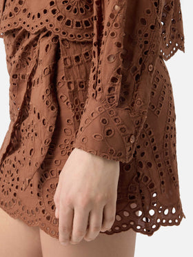 Oriane cropped sangallo cotton shirt in brown