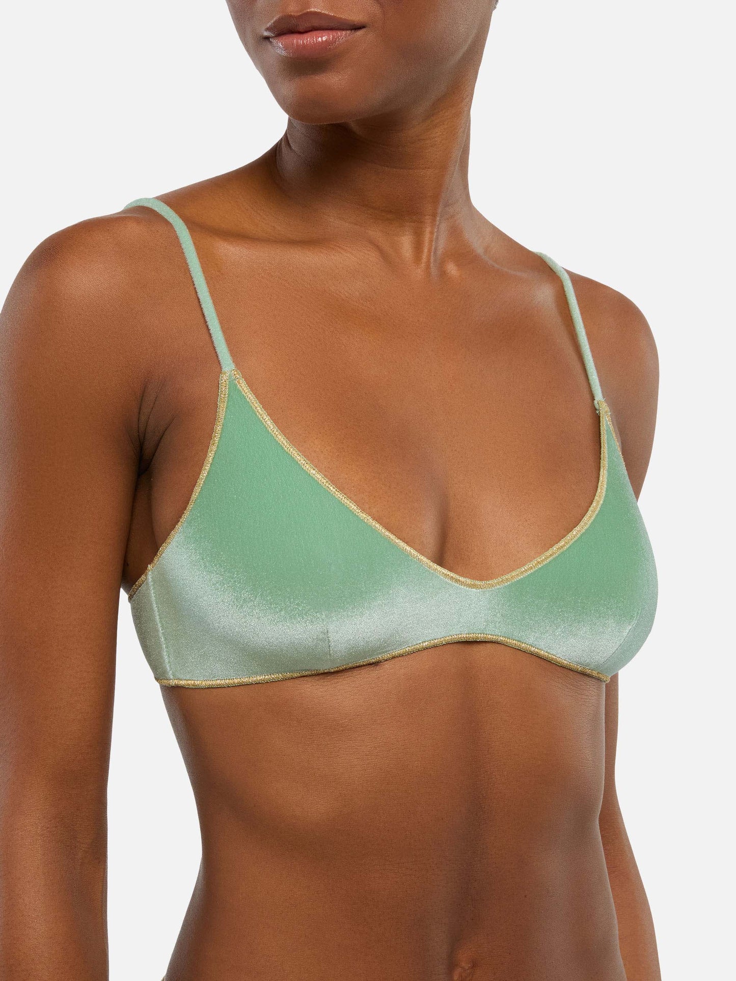 Naomi, frecher Badeslip aus Salbeigrün mit goldener Paspelierung – Paloma, Salbeigrüner Samt-U-Bralette